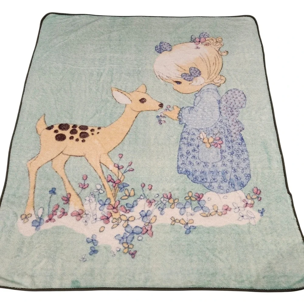 Precious Moments Vintage Blanket Girl‎ and Deer Green Thick Mink Plush 83x59
